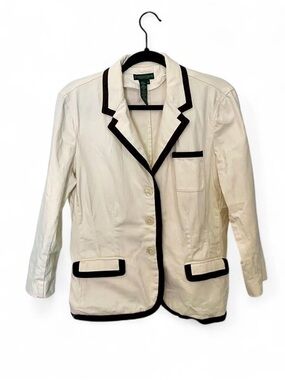 Lauren Ralph Lauren Vintage Ivory Denim Blazer Contrast Trim Medium EUC